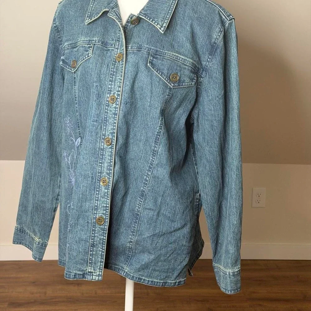 BOHO Alfred Dunner Boho Embroidered Denim Shacket Y2K Festival Size 12